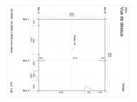 Garage 39m² Dim. 6500x6000-44mm  passage 2400 | WSN