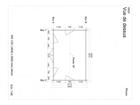 Abri en bois RHÔNE 13,5 m² Dim. (4500X3000-44mm) par WSN