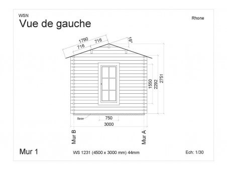 Abri en bois RHÔNE 13,5 m² Dim. (4500X3000-44mm) par WSN