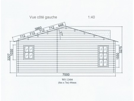 Bungalow en bois  VOSGES 42m² Dim.  (6000X7000-44mm)