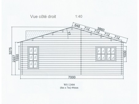 Bungalow en bois  VOSGES 42m² Dim.  (6000X7000-44mm)