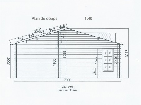 Bungalow en bois  VOSGES 42m² Dim.  (6000X7000-44mm)