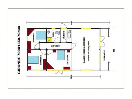 Chalet en bois  GIRONDE 94m² Dim. (7000x12000-70mm)