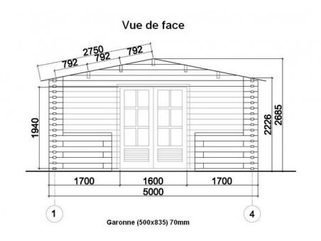 Chalet en bois  GARONNE 41m²  Dim. (5000x8350-70mm)